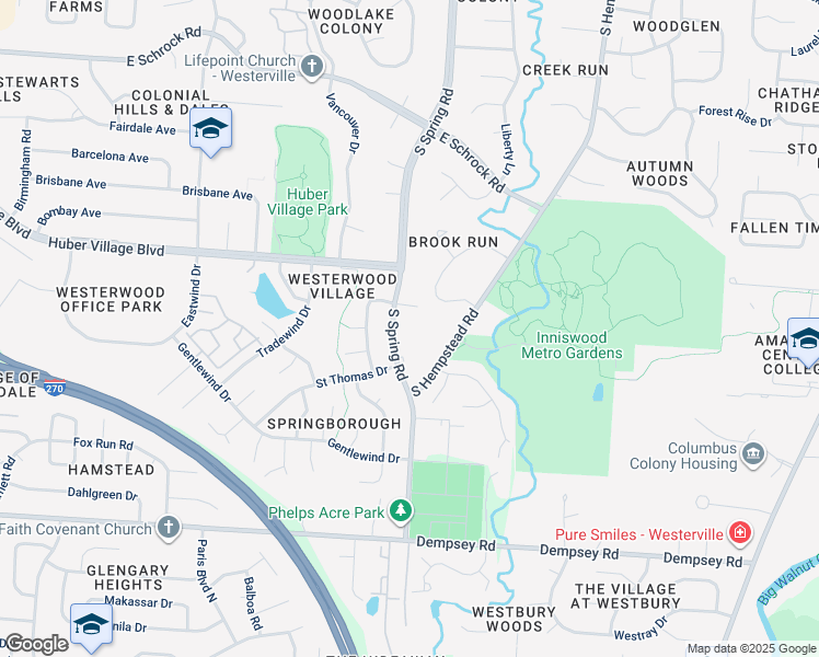 map of restaurants, bars, coffee shops, grocery stores, and more near 896 South Spring Road in Westerville