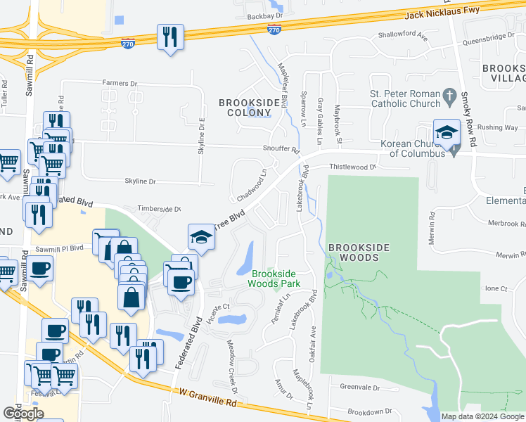 map of restaurants, bars, coffee shops, grocery stores, and more near 2159 River Run Trace in Columbus