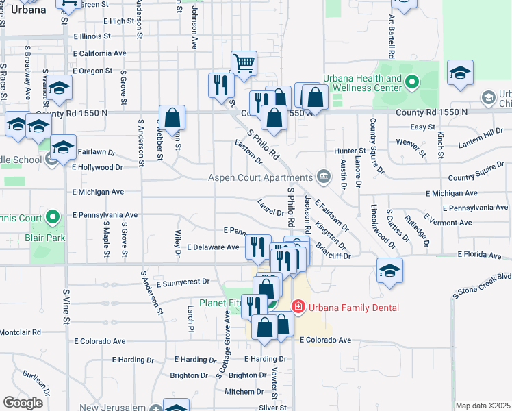 map of restaurants, bars, coffee shops, grocery stores, and more near 1305 Laurel Drive in Urbana