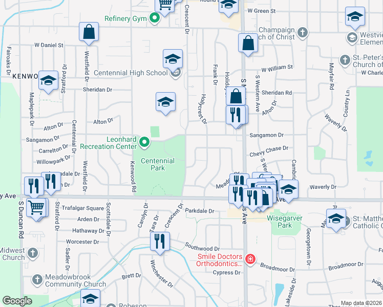 map of restaurants, bars, coffee shops, grocery stores, and more near 2018 Greendale Drive in Champaign