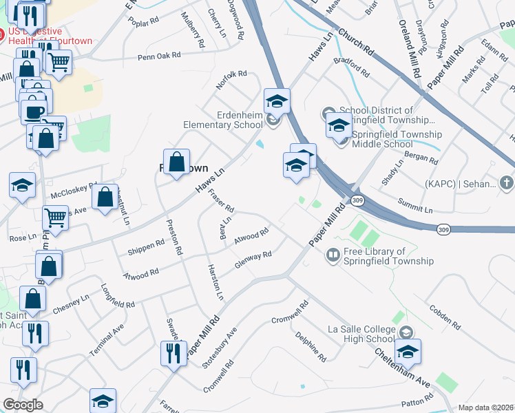 map of restaurants, bars, coffee shops, grocery stores, and more near 908 Fraser Road in Erdenheim