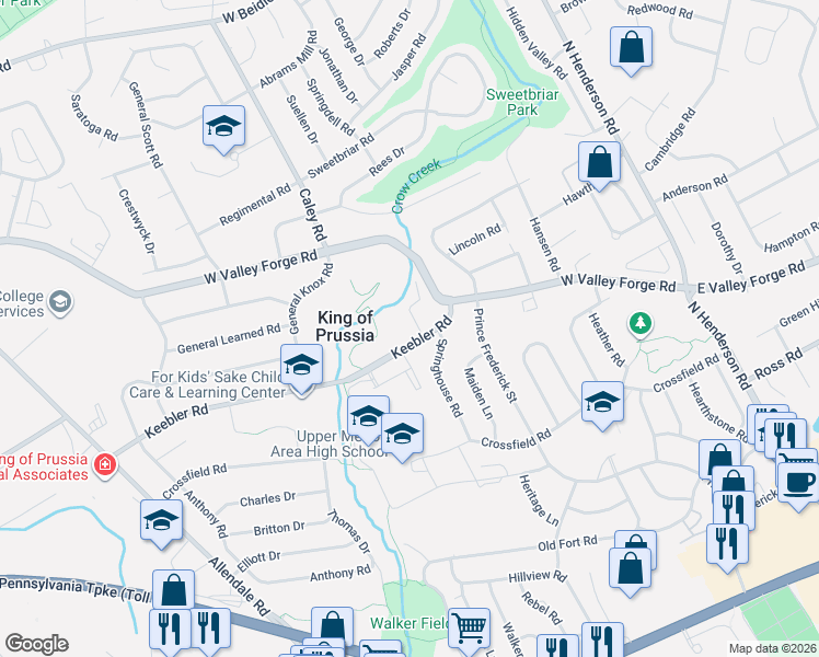map of restaurants, bars, coffee shops, grocery stores, and more near 435 Keebler Road in King of Prussia