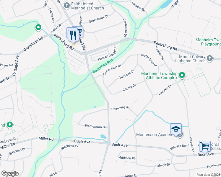 map of restaurants, bars, coffee shops, grocery stores, and more near 396 Copley Drive in Lancaster