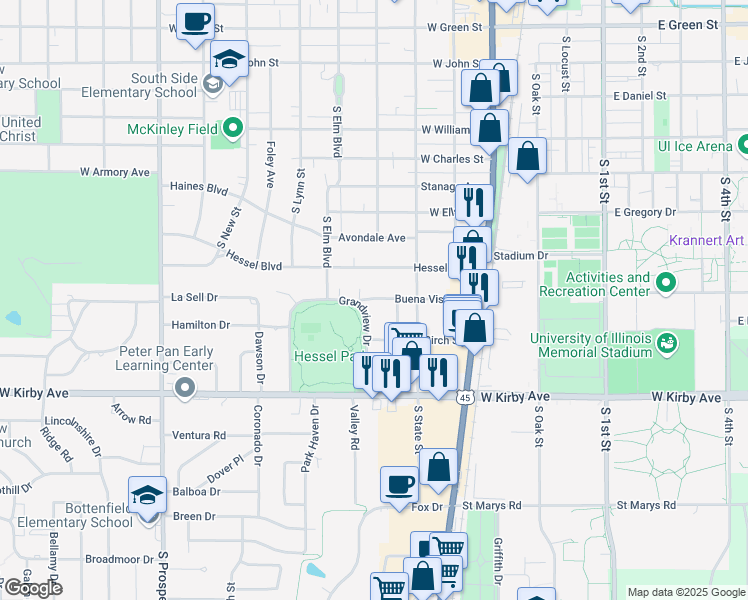 map of restaurants, bars, coffee shops, grocery stores, and more near 107 Buena Vista Drive in Champaign
