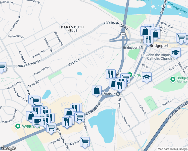 map of restaurants, bars, coffee shops, grocery stores, and more near 241 Boro Line Road in King of Prussia