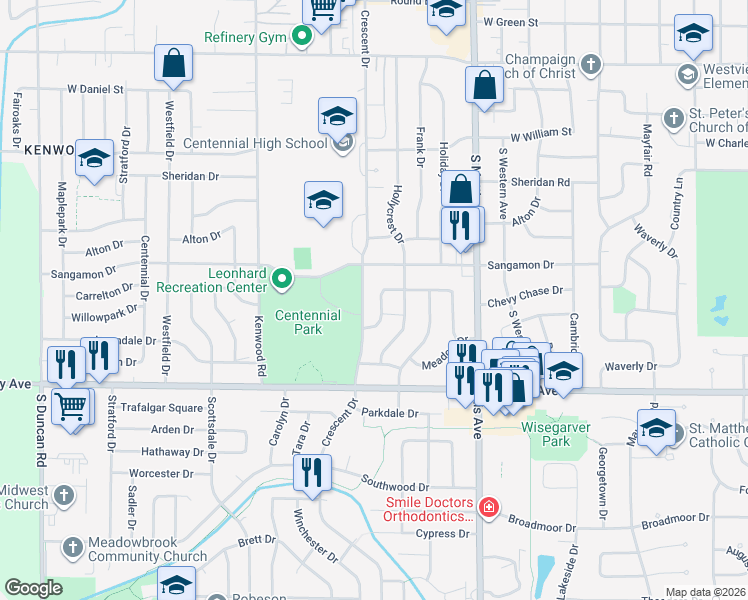 map of restaurants, bars, coffee shops, grocery stores, and more near 2018 Greendale Drive in Champaign