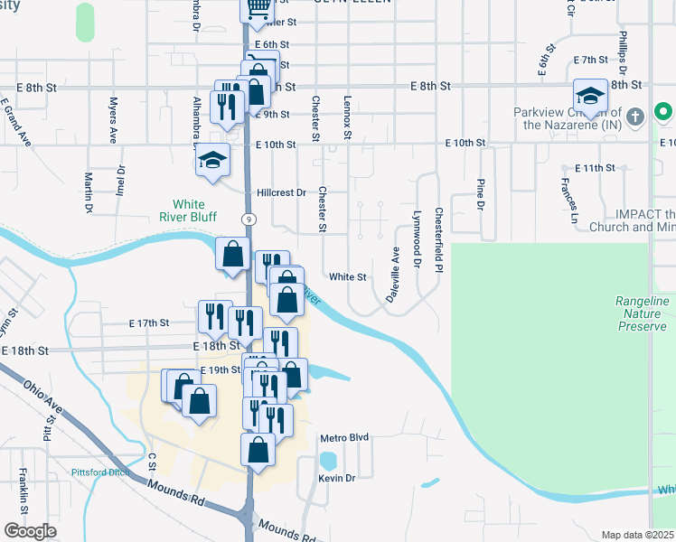 map of restaurants, bars, coffee shops, grocery stores, and more near 1523 Lennox Street in Anderson