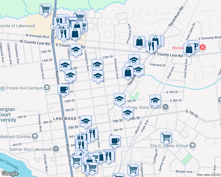 map of restaurants, bars, coffee shops, grocery stores, and more near 23 10th Street in Lakewood