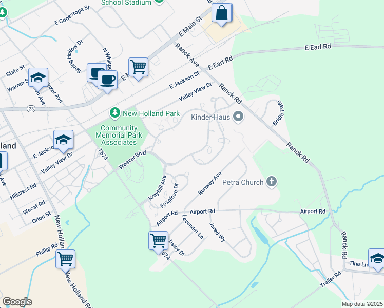 map of restaurants, bars, coffee shops, grocery stores, and more near Weaver Boulevard in New Holland