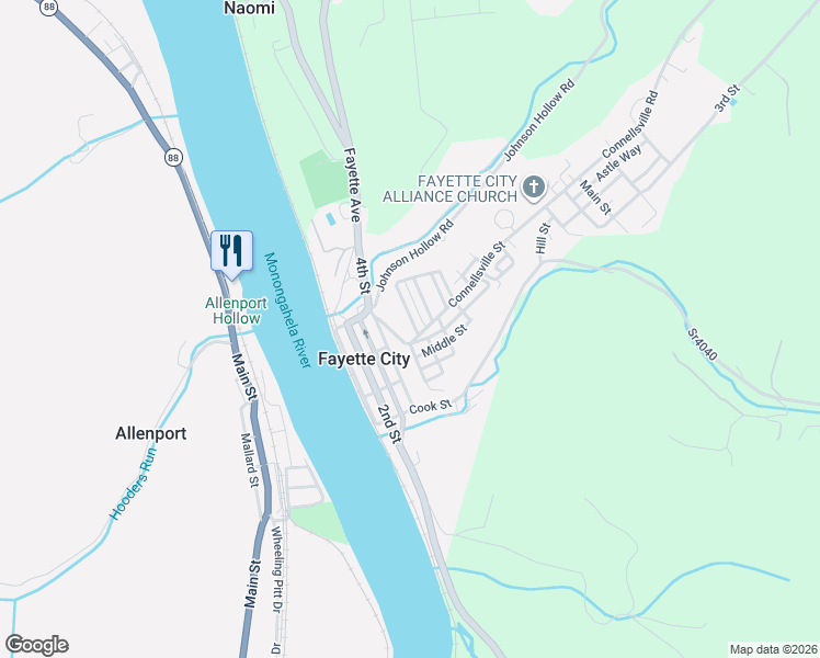 map of restaurants, bars, coffee shops, grocery stores, and more near 107 California Street in Fayette City
