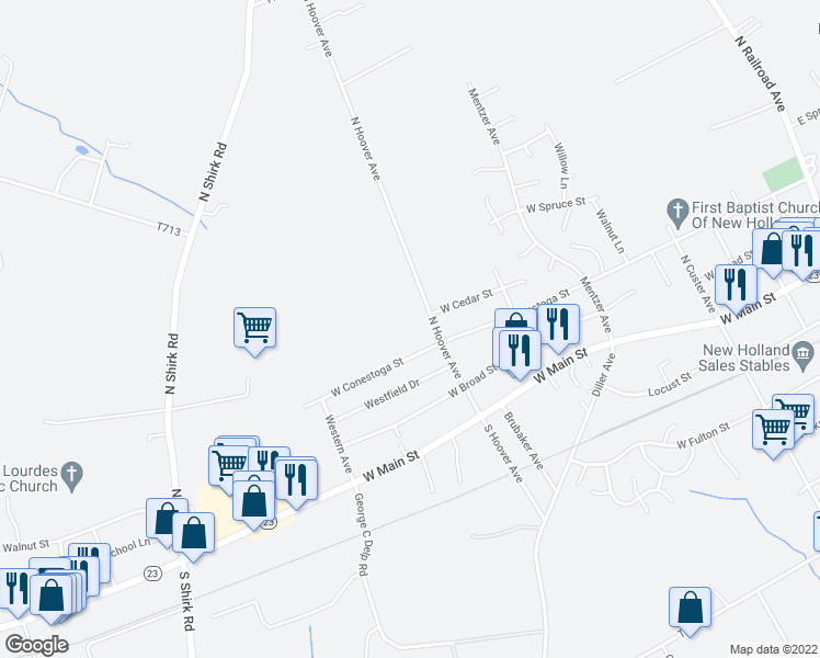 map of restaurants, bars, coffee shops, grocery stores, and more near 515 West Conestoga Street in New Holland