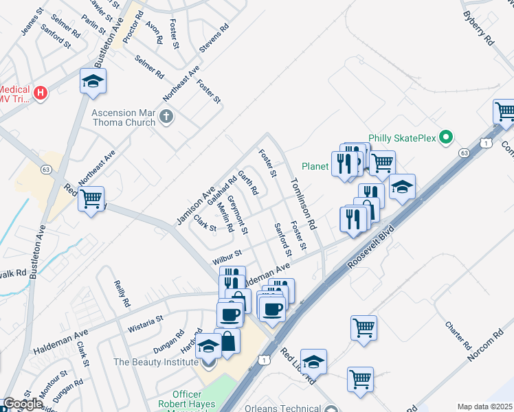 map of restaurants, bars, coffee shops, grocery stores, and more near 1872 Garth Road in Philadelphia