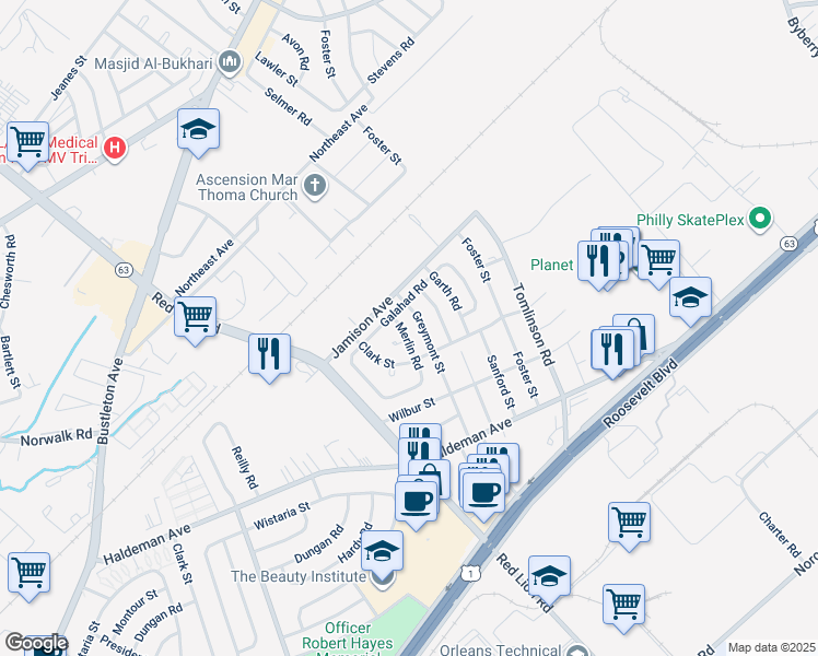 map of restaurants, bars, coffee shops, grocery stores, and more near 1857 Merlin Road in Philadelphia