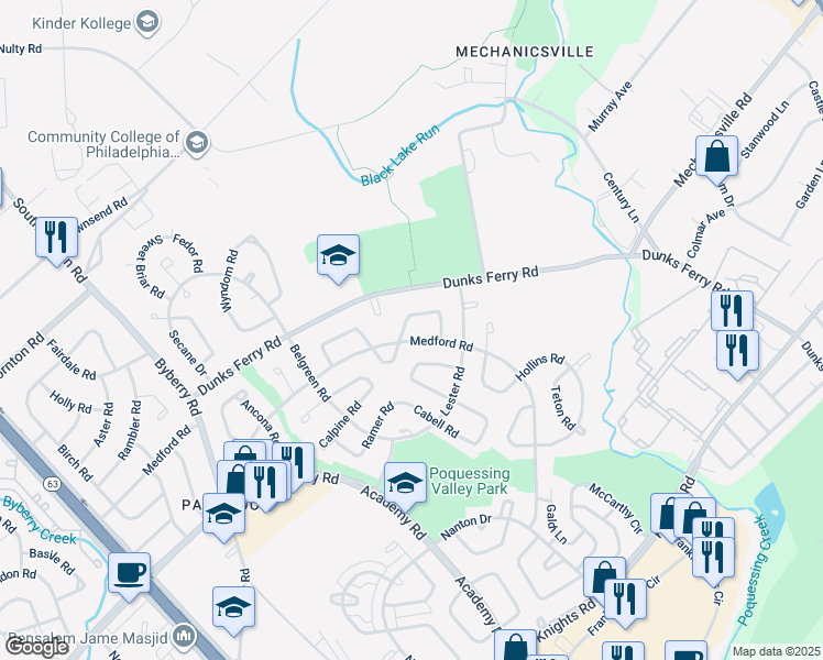 map of restaurants, bars, coffee shops, grocery stores, and more near 3211 Atmore Road in Philadelphia