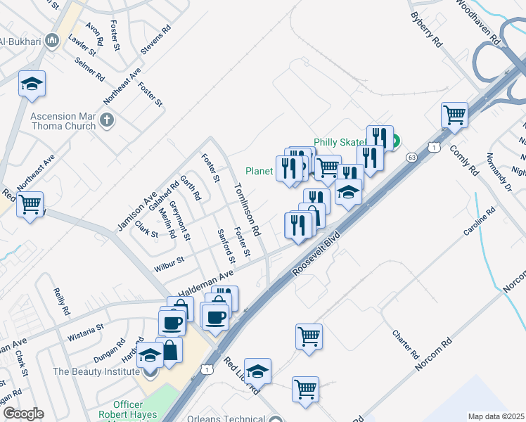 map of restaurants, bars, coffee shops, grocery stores, and more near 10607 Cowden Street in Philadelphia
