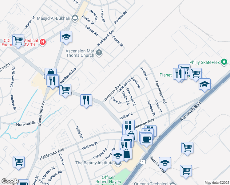 map of restaurants, bars, coffee shops, grocery stores, and more near 10106 Galahad Road in Philadelphia