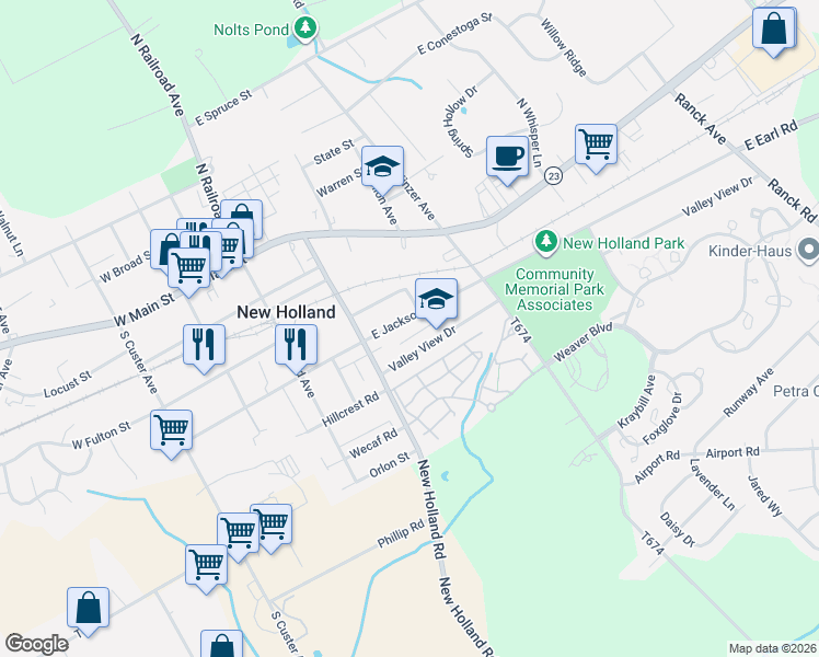 map of restaurants, bars, coffee shops, grocery stores, and more near 331 Valley View Drive in New Holland