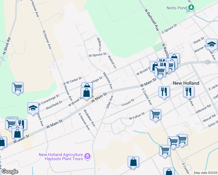 map of restaurants, bars, coffee shops, grocery stores, and more near 301 W Main St in New Holland