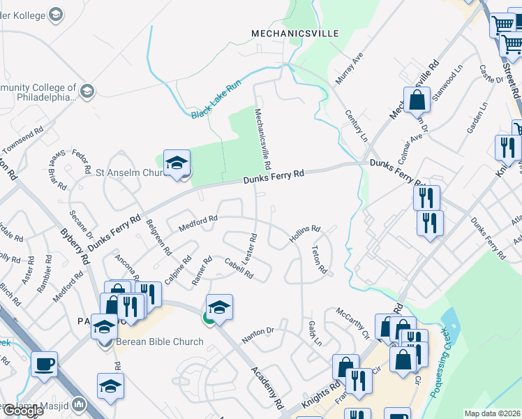 map of restaurants, bars, coffee shops, grocery stores, and more near 3241 Lester Road in Philadelphia