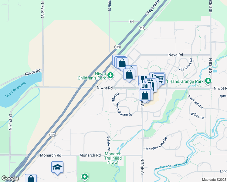 map of restaurants, bars, coffee shops, grocery stores, and more near 7756 Nikau Drive in Longmont