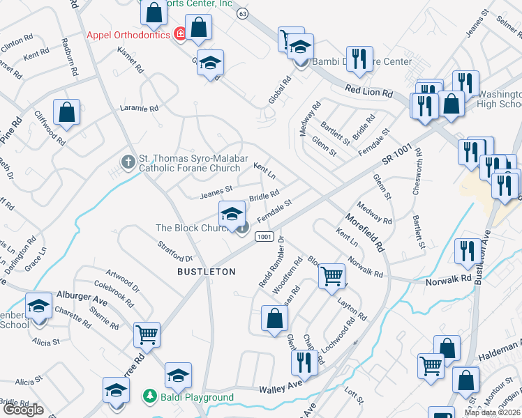 map of restaurants, bars, coffee shops, grocery stores, and more near 9820 Ferndale Street in Philadelphia