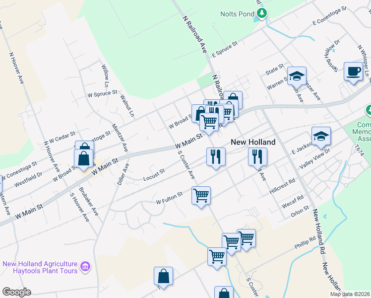 map of restaurants, bars, coffee shops, grocery stores, and more near 129 West Franklin Street in New Holland