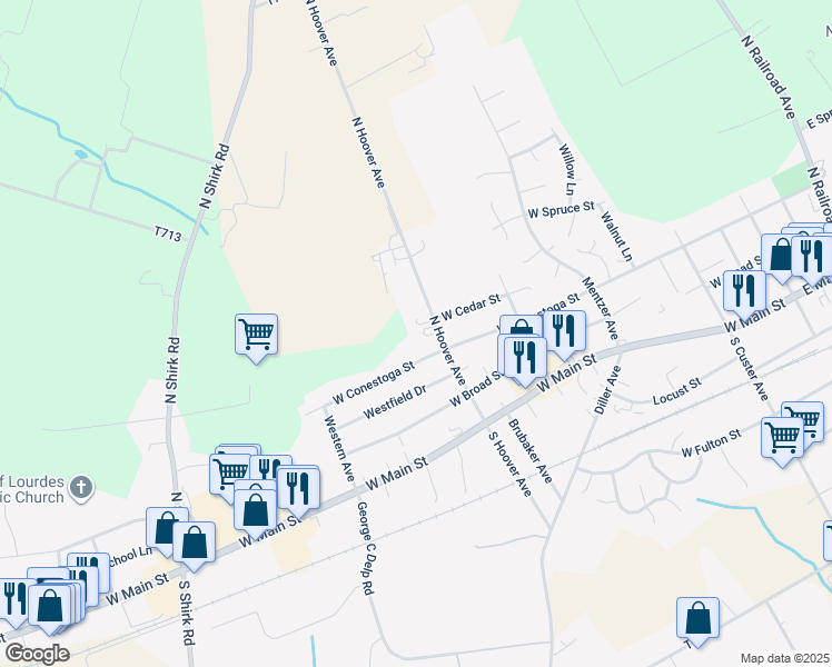 map of restaurants, bars, coffee shops, grocery stores, and more near 515 West Conestoga Street in New Holland