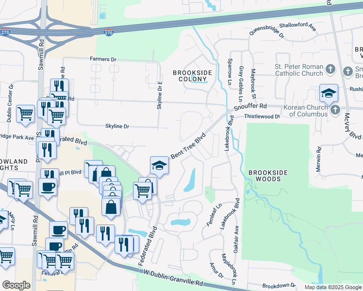 map of restaurants, bars, coffee shops, grocery stores, and more near 7041 Bent Tree Blvd in Columbus
