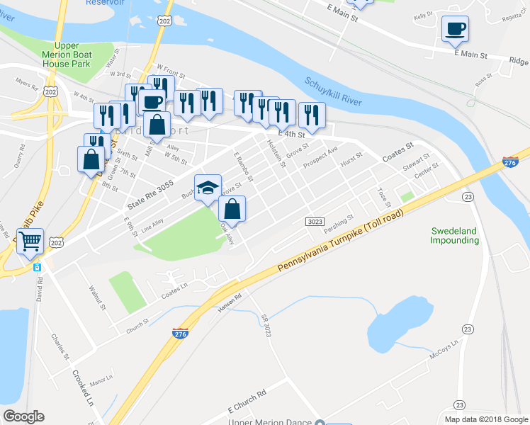 map of restaurants, bars, coffee shops, grocery stores, and more near 500 East Rambo Street in Bridgeport