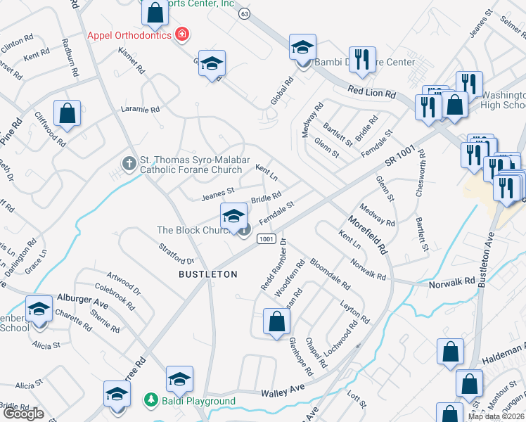 map of restaurants, bars, coffee shops, grocery stores, and more near 9820 Ferndale Street in Philadelphia