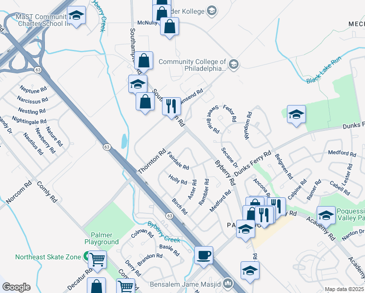 map of restaurants, bars, coffee shops, grocery stores, and more near 12250 Sweet Briar Road in Philadelphia