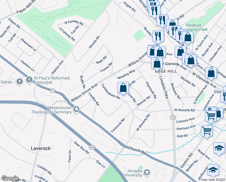 map of restaurants, bars, coffee shops, grocery stores, and more near 611 Twickenham Road in Glenside