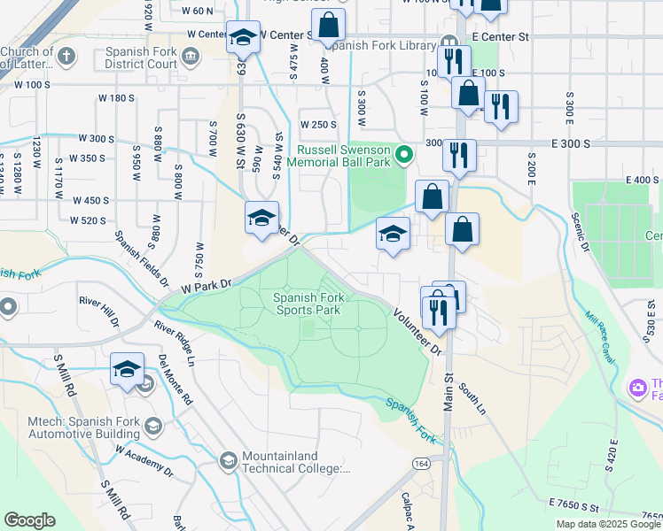 map of restaurants, bars, coffee shops, grocery stores, and more near 361 Volunteer Drive in Spanish Fork