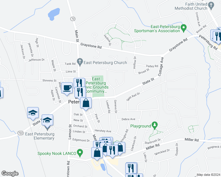 map of restaurants, bars, coffee shops, grocery stores, and more near 6024 Parkside Court in East Petersburg