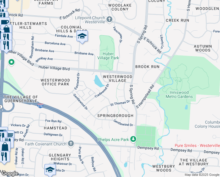 map of restaurants, bars, coffee shops, grocery stores, and more near 848 Tradewind Drive in Westerville