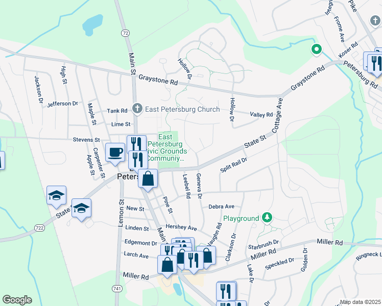 map of restaurants, bars, coffee shops, grocery stores, and more near 6024 Parkside Court in East Petersburg