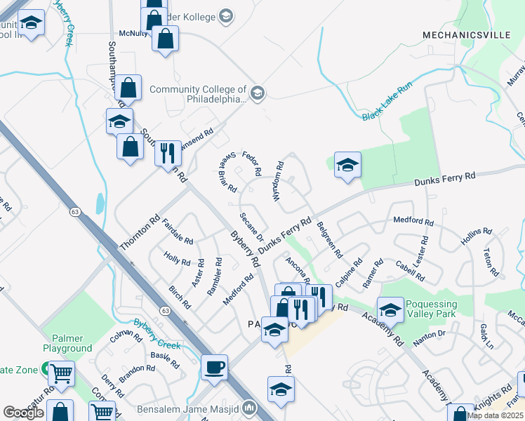 map of restaurants, bars, coffee shops, grocery stores, and more near 12431 Barbary Road in Philadelphia