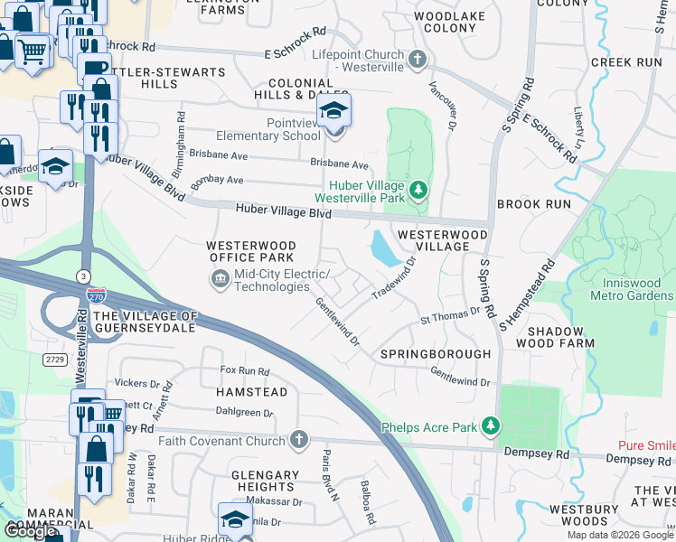 map of restaurants, bars, coffee shops, grocery stores, and more near 283 Cross Wind Loop in Westerville