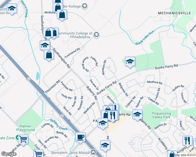 map of restaurants, bars, coffee shops, grocery stores, and more near 12431 Barbary Road in Philadelphia