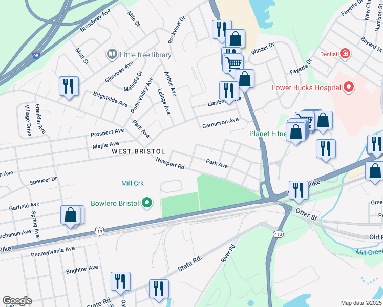 map of restaurants, bars, coffee shops, grocery stores, and more near 614 Park Avenue in Bristol