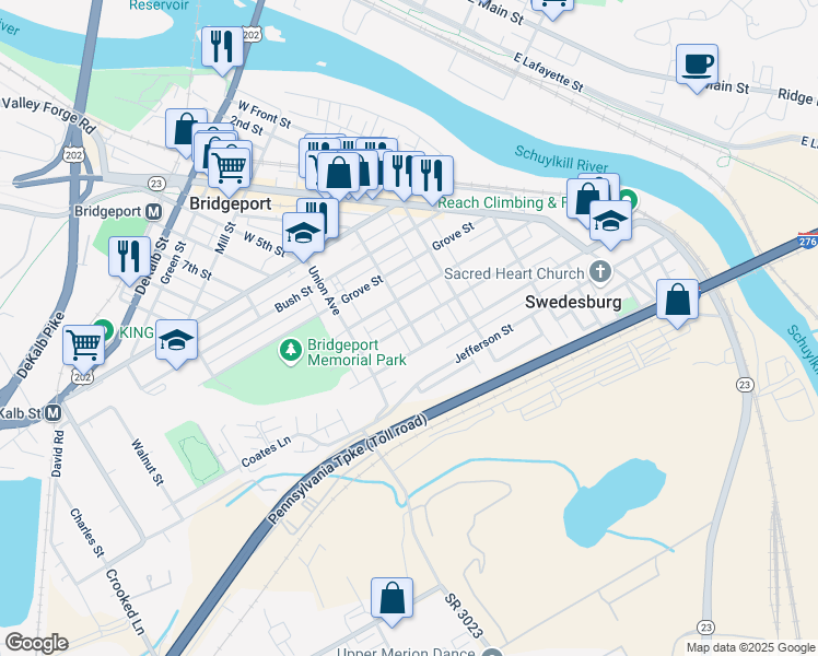 map of restaurants, bars, coffee shops, grocery stores, and more near 500 East Rambo Street in Bridgeport