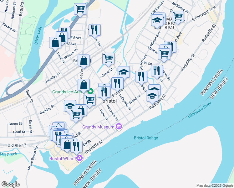map of restaurants, bars, coffee shops, grocery stores, and more near 364 Lafayette Street in Bristol
