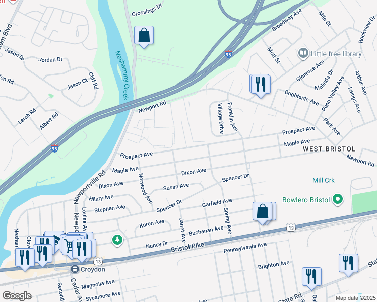 map of restaurants, bars, coffee shops, grocery stores, and more near 1726 Prospect Avenue in Croydon
