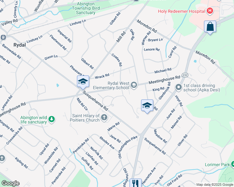 map of restaurants, bars, coffee shops, grocery stores, and more near 1178 Timbergate Drive in Jenkintown