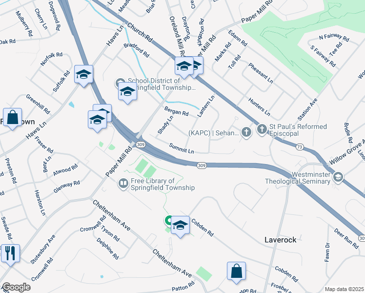 map of restaurants, bars, coffee shops, grocery stores, and more near 1901 Lantern Lane in Oreland