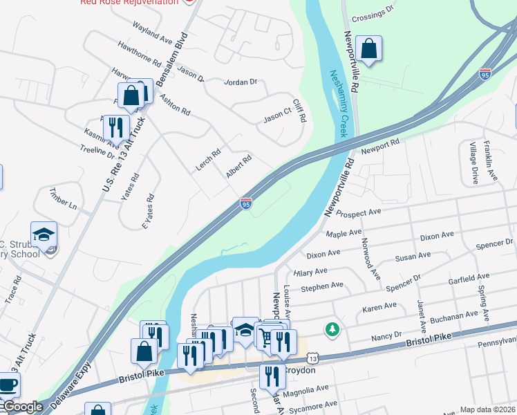 map of restaurants, bars, coffee shops, grocery stores, and more near 4712 Dunston Road in Bensalem