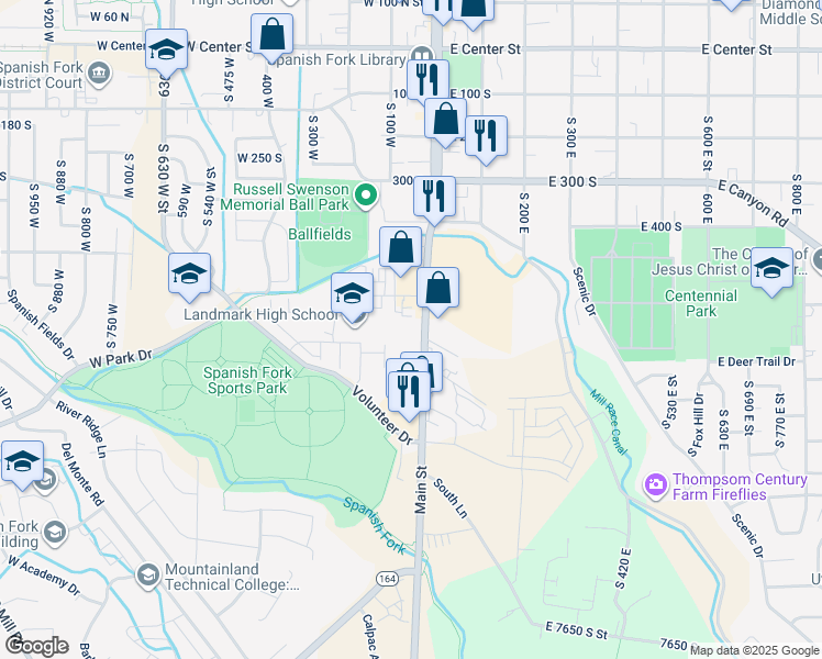 map of restaurants, bars, coffee shops, grocery stores, and more near 640 South Main Street in Spanish Fork