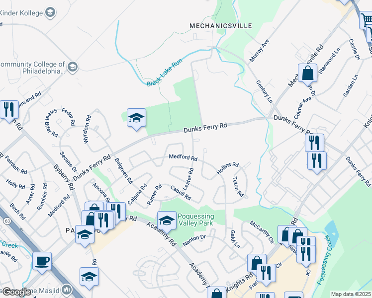 map of restaurants, bars, coffee shops, grocery stores, and more near 12754 Minden Road in Philadelphia