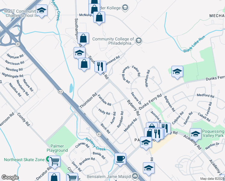 map of restaurants, bars, coffee shops, grocery stores, and more near 3101 Morning Glory Road in Philadelphia