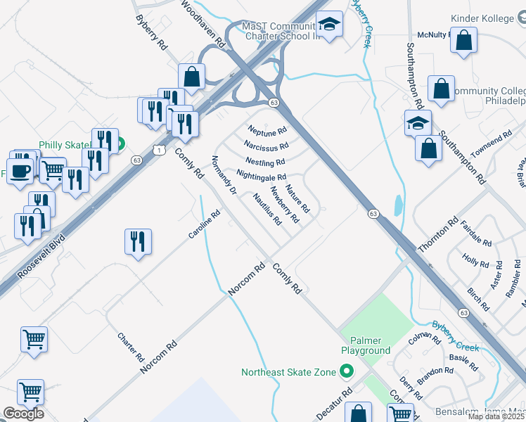 map of restaurants, bars, coffee shops, grocery stores, and more near 2858 Nautilus Road in Philadelphia